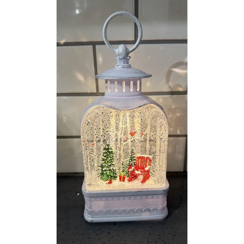 NEW White Lighted Water SNow Globe Lantern Cardinals LED Christmas Holiday Decor